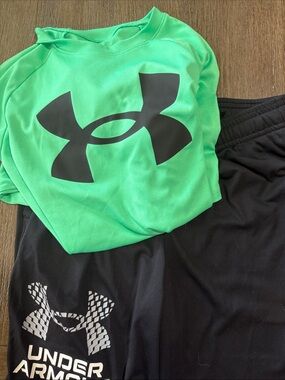 Under Armour Bright Green Logo Performance Top with Black Athletic Shorts